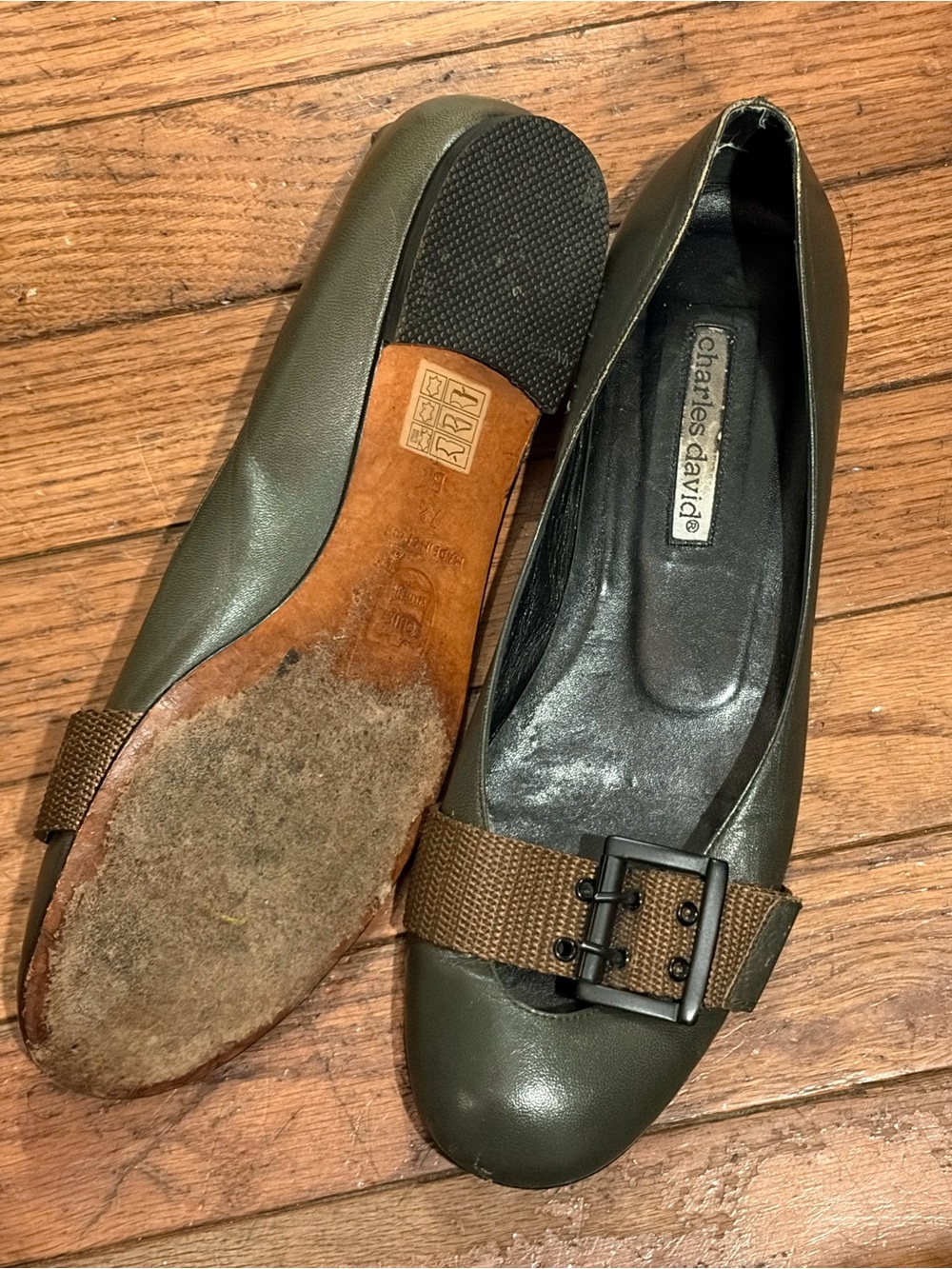 Charles David Olive Green Buckled Ballet Flats